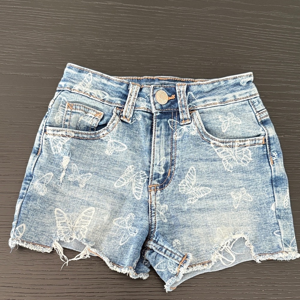 Girls Blue Denim Butterfly Shorts